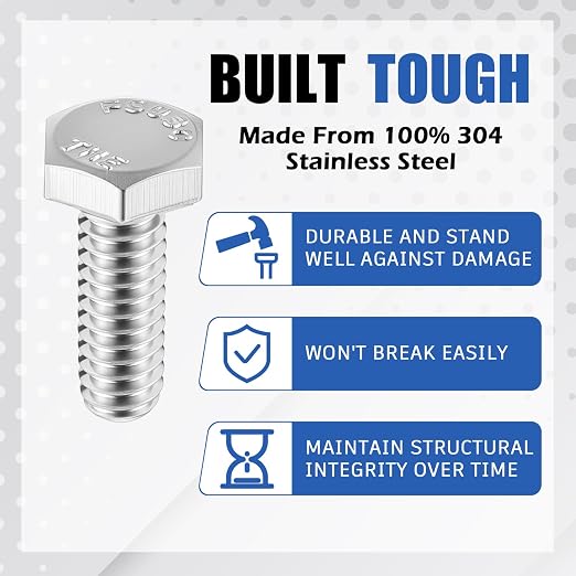 Zonon 50 Pcs 1/4-20 x 3/4" Hex Head Screw Bolt 18-8 (304) Stainless Steel Hexagon Bolts, Fully Threaded, Plain Finish, External Hex Drive (Silver)