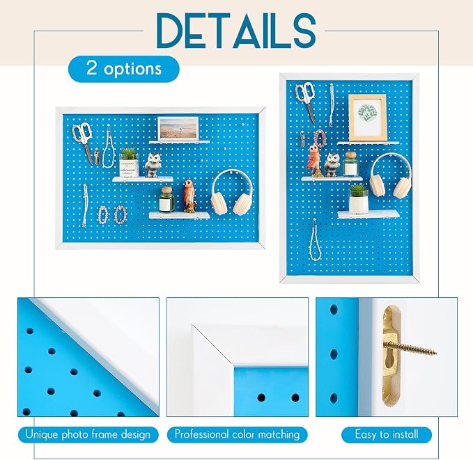Weysat 36 x 24 Inch Framed Wood Pegboard Wall Organizer, Large Blue Decorative Peg Board Kit with 3 White Shelves and 18 Accessories, Wall Mounted Craft Storage Display for Room, Office, Sewing Room