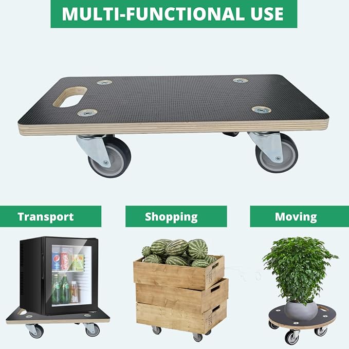 Furniture Mover Dolly Portable Wood Rolling Mover for Moving Furniture Sofa Cabinet Refrigerator, 360° Rotatable Soft TPR Rubber Universal Wheels, 440Lbs Capacity, Black (2 Packs)