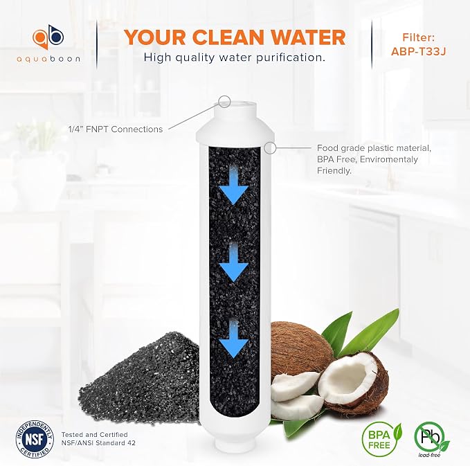 Aquaboon T33 Inline Carbon Filter - 1/4 Inline Water Filter for Refrigerator T33 Inline Ro Post/Granular Activated Carbon (GAC) Polishing Water Filter Cartridge for Reverse Osmosis System 12-Pack