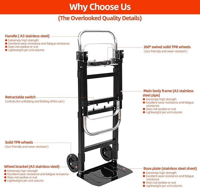 3-in-1 Foldable Hand Truck, 600lbs Heavy Duty Multi-Purpose Compact Dolly Cart with 4 Rubber Wheels, Adjustable Flatbed Folding Cart is Deal for Luggage Handling, Travel, Moving, Shop, and Office Use