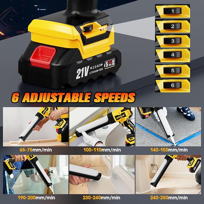 Electric Caulking Gun, Cordless Caulking Gun with 2x 2000mAh Batteries, 13Pcs Silicone Caulking Tools, 6 Adjustable Speeds, LED Light, Battery Powered Caulking Gun for Filling, Sealing
