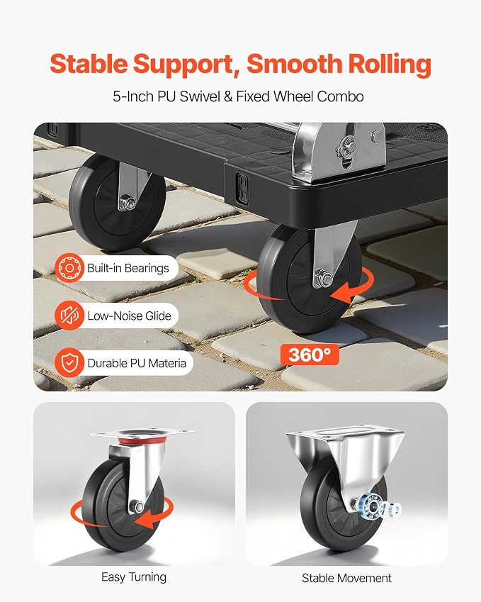 VEVOR Foldable Push Cart Dolly, 660 lbs Capacity, Folding Platform Truck with Swivel Wheels, Moving Platform Hand Truck Flatbed Cart, Space Saving Push Handle, for Easy Storage, 35.2 x 23.4 x 33.5 in