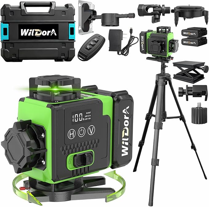 Laser Level 360 Self Leveling with Tripod, Remote Control 4D Green 16 Line Laser Leveler Tool with 2x4800mAh Li-ion Batteries & Hard Carry Case, Laser Level for Construction & Renovation