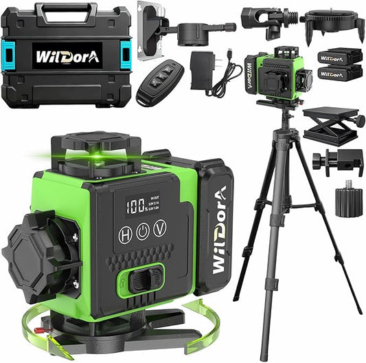 Laser Level 360 Self Leveling with Tripod, Remote Control 4D Green 16 Line Laser Leveler Tool with 2x4800mAh Li-ion Batteries & Hard Carry Case, Laser Level for Construction & Renovation