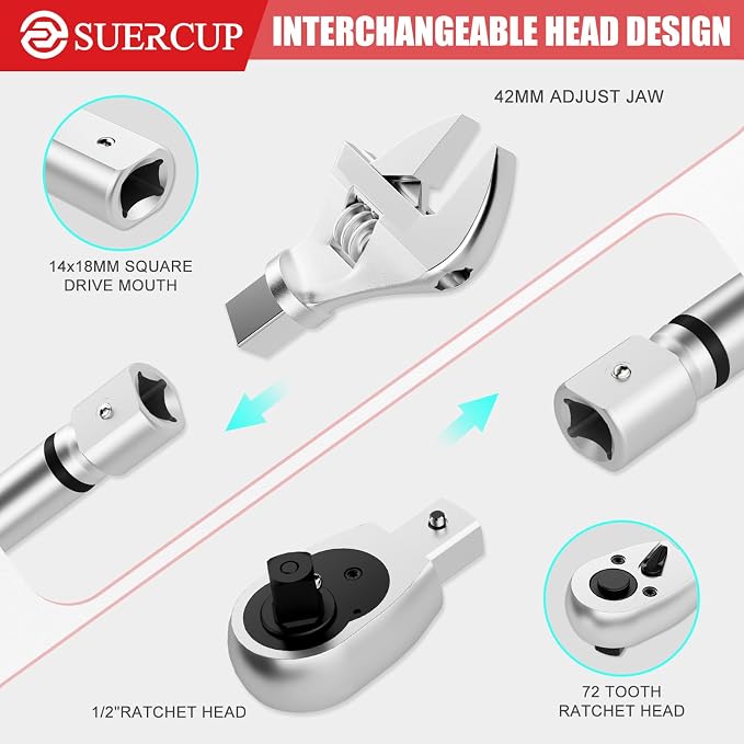 SUERCUP 1/2" Adjustable Digital Torque Wrench (1.5-99.6Ft.Lb/2-135N.m) | Interchangeable 14x18mm Head with 42mm Jaw & 1/2" Ratchet, Vibration, Buzzer & LED Flash, for HVAC, Flare Nut & Auto Repair