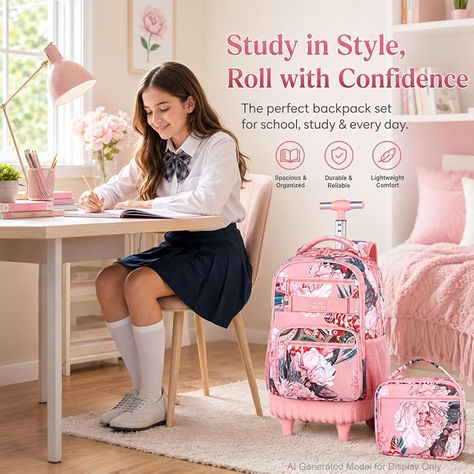 3Pcs Rolling Backpack for Girls Women, Travel Roller Backpacks with Wheels for Adults, Teens College Folwer Wheeled Bookbag with Lunch Box(Pink)