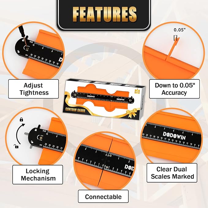 DODOWIN 10+5 Inch Connectable Contour Gauge with Lock, Extended Profile Duplicator Tool for Flooring, Tile, Laminate & Woodworking, Shape Outline Gauge, Father’s Day Gifts for Dad Men Husband
