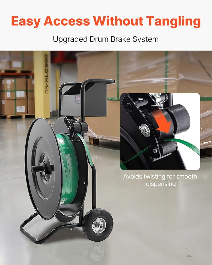 VEVOR Banding Strapping Cart, for PET/PP Coils with 8" or 16" Core, Heavy Duty Strapping Dispenser with Upgrade Drum Brake System, Rubber Wheels and Built-in Spacious Tool Tray, 110 lbs Capacity