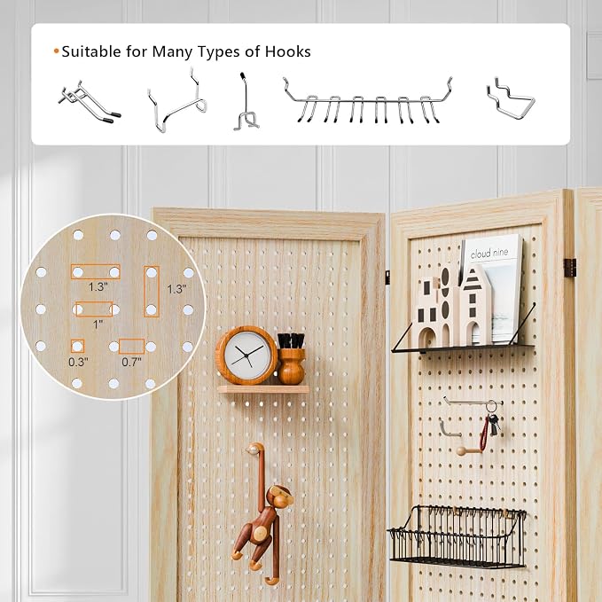 VINGLI Freestanding Pegboard with Support Feet, 5 FT Wood Room Divider Display Board Organizer, Folding Privacy Screen Partition Space Separator for Craft Shows Events Retail (Natural, 6 Panel)