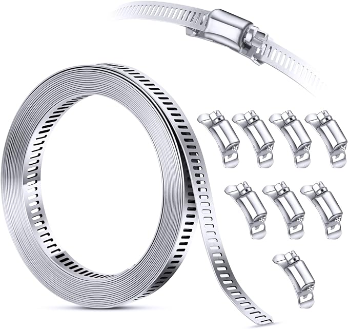304 Stainless Steel Hose Clamp Assortment Kit DIY, Cut-To-Fit 12 FT Metal Strap+8 Stronger Fasteners,Large Adjustable Worm Gear Band Hose Clamps Screw Clamps Duct Pipe Metal Clamp Strapping