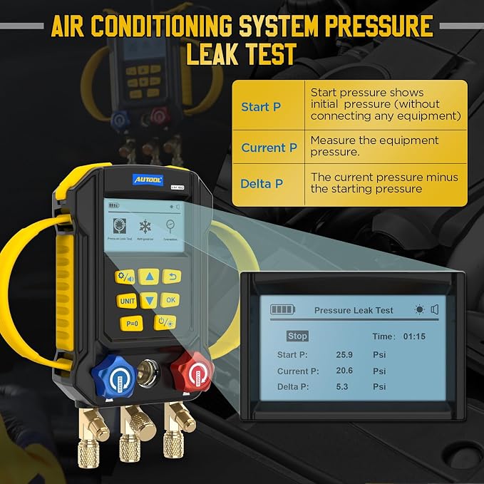 AUTOOL AC Manifold Gauge Set, Incl. 2X Pipe Clamp Thermometer, 1x Digital HVAC Gauge, Set of 3 Hoses – AC Gauge Set, with Evacuation Mode, Refrigerant Mode and Pressure Leak Test
