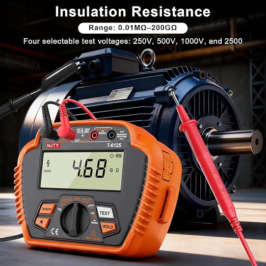 NJTY T6125 Digital Insulation Resistance Tester, 2500V Megohmmeter, 0.01MΩ–200GΩ, AC Voltage (10V-600V), Low Resistance (0.01Ω-60Ω), Data Hold, Over-Range Alarm, Auto Shutdown, Backlit LCD
