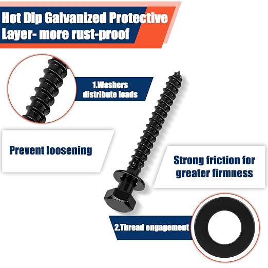 Tandefio 100 Pack 5/16''x3'' Hex Head Lag Bolts for Wood Ceramic Black Lag Screw Kit with Washers Heavy Duty Hot Dip Galvanized Coating Double Layer for Decks Fences