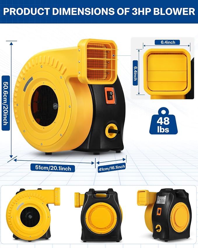 3HP Commercial Inflatable Bounce House Blower, 2150W Air Blower for Big Inflatable Paint Booth, Water Slides, Castle and Jump Slides, Portable and Powerful Fan Pump