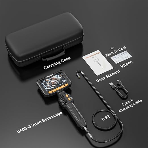 3.9mm Two-Way Articulating Borescope Camera with Light, Industrial Endoscope Inspection Camera with Light, 5FT Flexible Semi-Rigid Cable for Wall Automotive Engine Plumbing HVAC Inspect