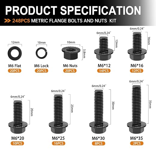 mankk 248PCS Metric Flange Hex Bolts and Nuts Kit M6x1.0 Bolt (12mm to 35mm) Grade 10.9 Black Alloy Steel Class Hex Bolts and Nuts Washers Kit for Automotive
