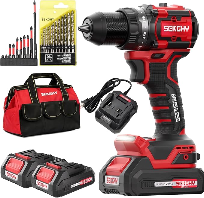 Brushless Power Drill Cordless，with battery and charger 70 N.m | 20V Electric drill cordless set 10 batches and storage bag 13 twist drills and storage bag，18+1 Position & 2100 RPM