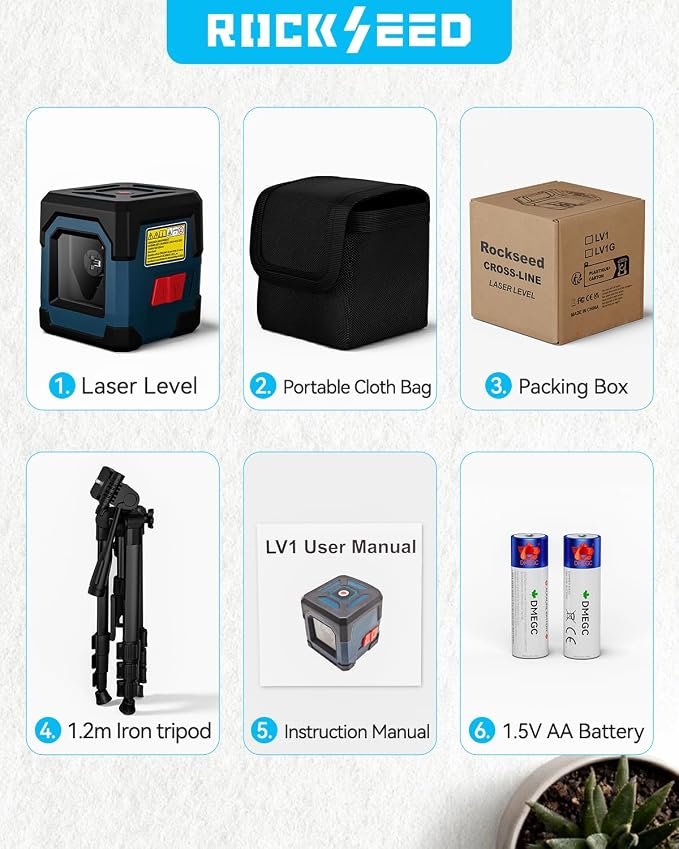 Laser Level with tripod, RockSeed Cross Line Laser with Self-Leveling, Vertical and Horizontal Line, Rotatable 360 Degree, Carrying Pouch, Battery Included (LV1GT2)