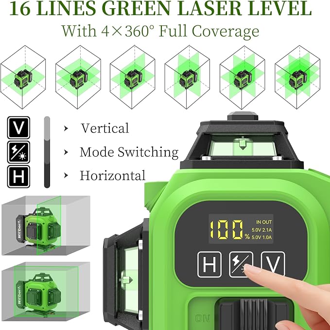Laser Level 360 Self Leveling with Tripod, Remote Control 4D Green 16 Line Laser Leveler Tool with 2x4800mAh Li-ion Batteries & Hard Carry Case, Laser Level for Construction & Renovation