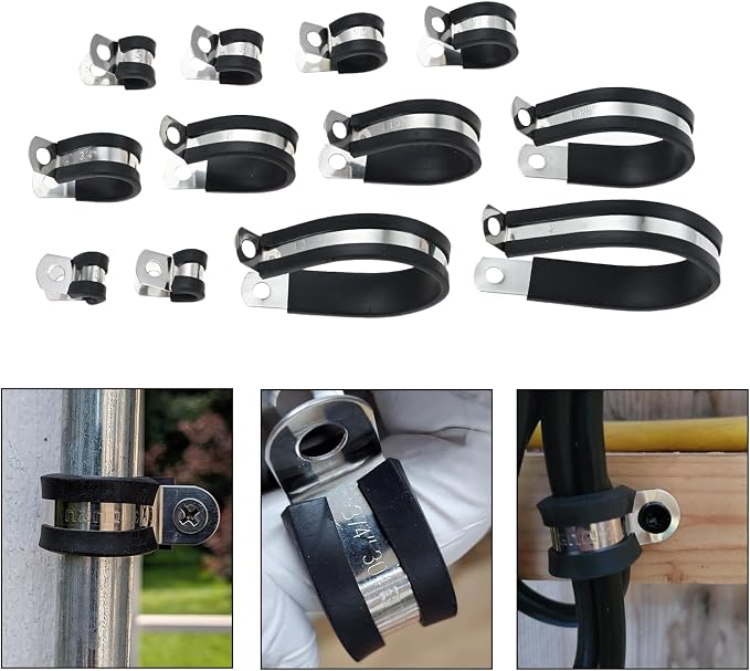 dophee 125Pcs Cable Clamps Assortment Kit 12 Sizes 304 Stainless Steel Wire Clips Rubber Insulated Cushioned Pipe Hose Clamps 3/16" 1/4" 5/16" 3/8" 1/2" 5/8" 3/4" 1" 1-1/4" 1-1/2" 1-3/4" 2"