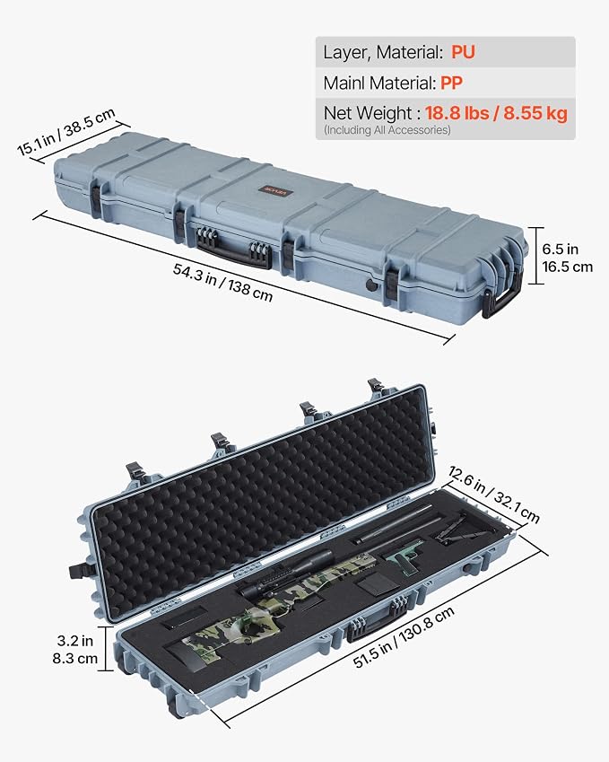 VEVOR Rifle Case, Rifle Hard Case with 4 Layers Fully-protective Foams, Lockable Hard Gun Case with Wheels, IP67 Waterproof & Crushproof, for Rifles or Shotguns