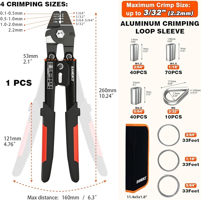 Sanuke Wire Rope Crimping Tool for 3/64 5/64 1/16 Wire Rope with 3 Sizes Stainless Steel Cable, 150pcs Crimping Loop Sleeves, 10pcs Thimbles and A Portable Bag