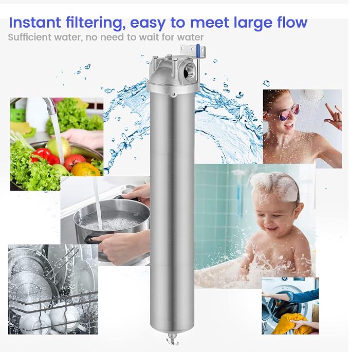 NSF/ANSI 42 Stainless Steel Whole House Water Filter Housing, 20" x 2.5" Sediment Water Filter System for Heavy Duty, Well & City Water, 1" NPT Port, Drain Valve Style A(Wing)