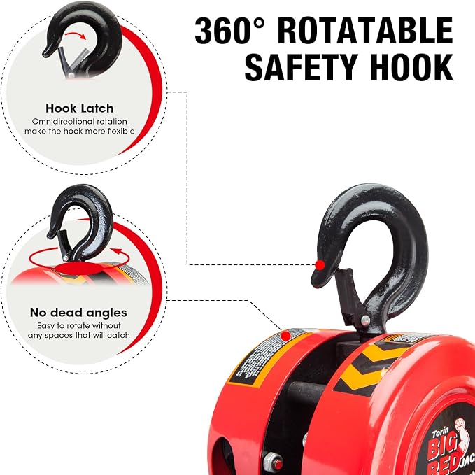 Big RED 1 Ton Hand Chain Hoist, 2000 Lbs Capacity, 8 ft Lift, Manual Chain Block with Safety Hooks for Warehouse, Automotive, Industrial Use