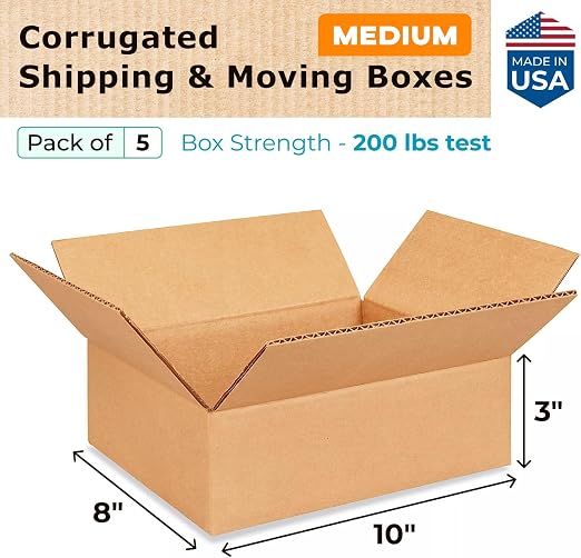 Medium Moving & Shipping Boxes 10 x 8 x 3 inches (5-Pack) - Extra Strength 200 lb vs Regular - USA-Made Corrugated Packing Boxes - Corrugated Packing Box for Moving Medium Volume by IDL Packaging