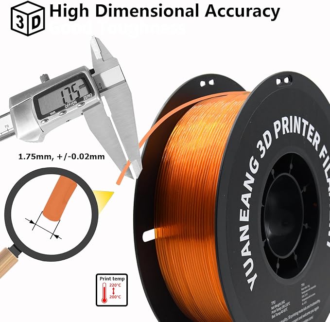 TPU 3D Printer Filament 1.75mm Orange, 1kg Spool, Flexible & Durable TPU(Shore 95A), Elasticity, Impact-Resistant, Wear-Resistant, ±0.03mm Precision, Ideal for Protective Parts Printing