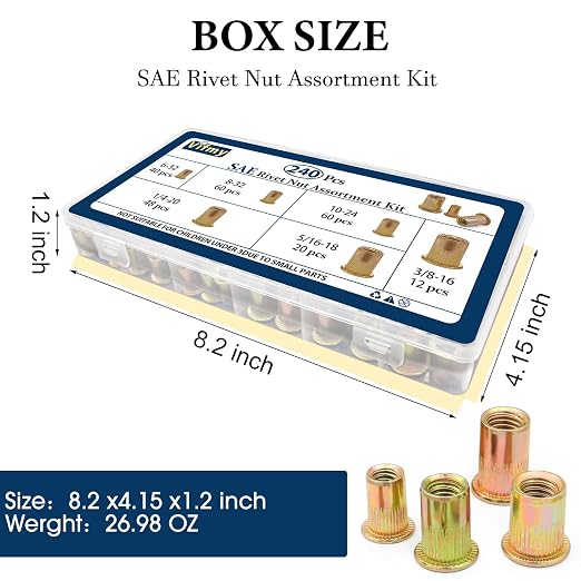 SAE Rivet Nut Assortment Kit(240Pcs), #6-32#8-32#10-24 1/4"-20 5/16"-18 3/8"-16 UNC Rivnut Threaded Insert Nut Set, Zinc Plated Finish Carbon Steel Nutsert