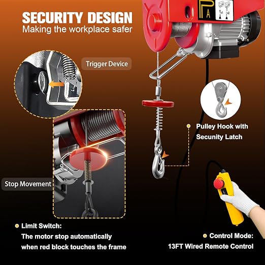 Electric Hoist, 13ft Wired Remote Control,1320LBS Electric Winch with Emergency Stop, 39.4ft Single Cable Lifting Height, 110V Electric Lift for Factories,Warehouses