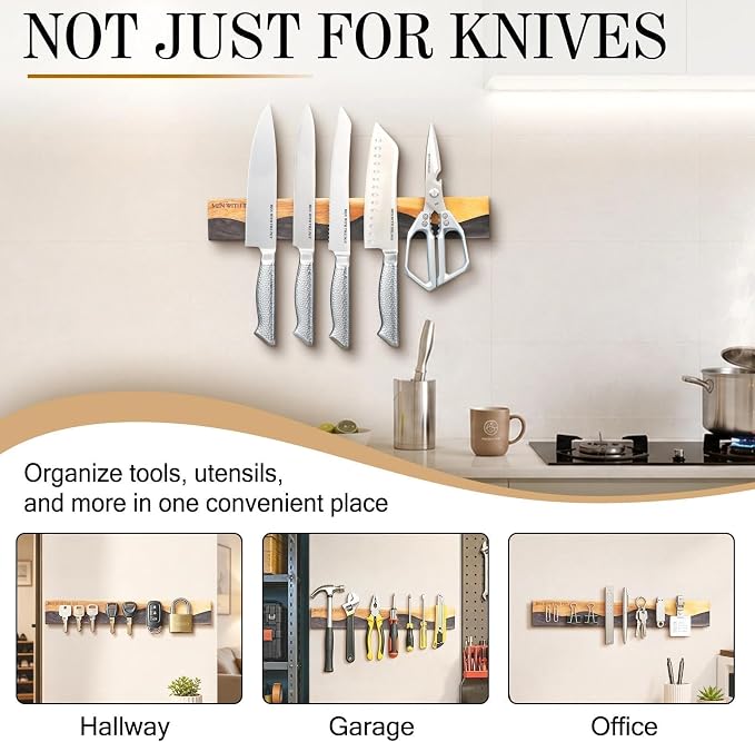 MEN WITH THE POT Magnetic Knife Strips, 16 Inch Magnetic Knife Holder for Fridge Wall, Acacia Wood & Black Resin Knife Magnetic Strip Use as Knife Bar, Knife Holder for Kitchen Utensil Organizer