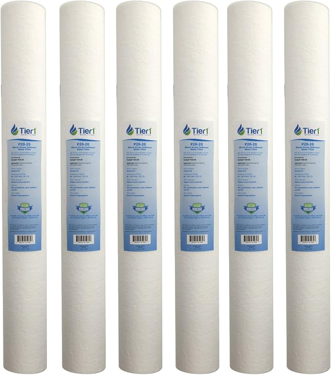 Tier1 20 Micron 20 x 2.5 Water Filter | Spun Wound Polypropylene Whole House Sediment Water Filter Cartridge | Replacement for Pentek P20-20, Purtrex PX20-20 | 2.5 x 20 Whole House Pre-Filter (6-Pack)