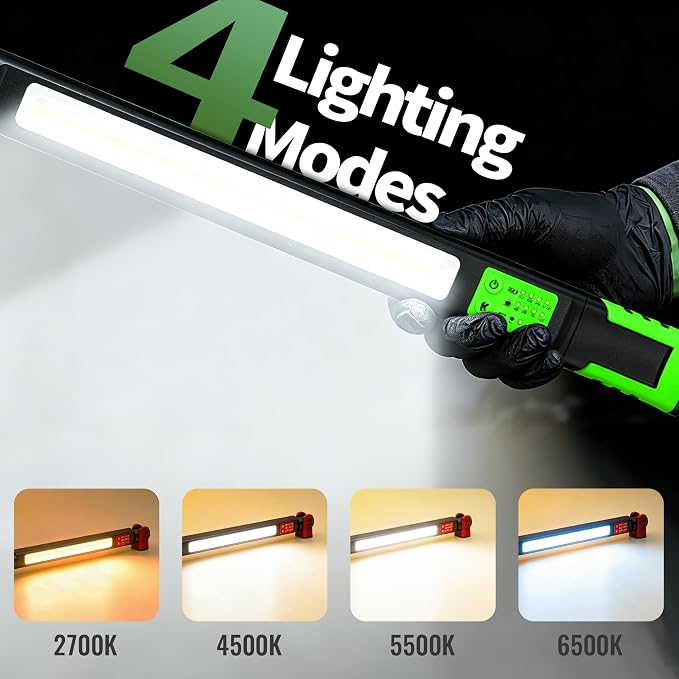 Underhood Magnetic Work Light for Mechanics, 4 Modes 2700K-6500K LED, 7800mAh 12H Battery, IP65 Waterproof, USB-C Rechargeable Hood Light for Car Repair/Garage/Emergency (Green)