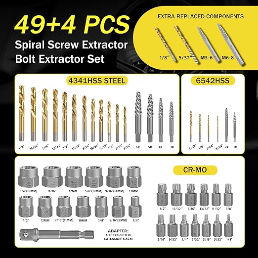 53Pcs Easy Out Screw Extractor Set with Left Hand Drill Bit, Bolt Extractor Kit with Hex Adapter, Stripped Bolt Remover & Reverse Drill Bit for Broken Nuts Screws, Bolts, Studs