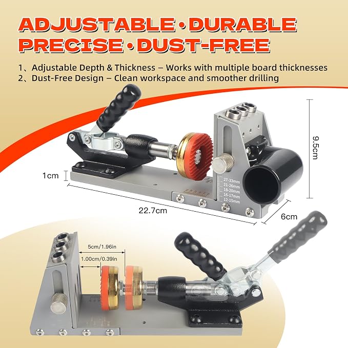 Pocket Hole Jig Kit with Vacuum Dust Collection, All-Metal Pocket Screw Jig with 3/8" Step Drill Bit, Depth Stop Collar, Adjustable Thickness for Woodworking Joinery, Cabinet Building