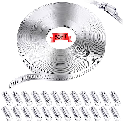 304 Stainless Steel Hose Clamp Assortment Kit,DIY 50FT Metal Strap + 24 Stronger Fasteners,Adjustable Worm Gear Hose Clamps Screw Clamps for Pipe,Tube,Duct and Fuel Line