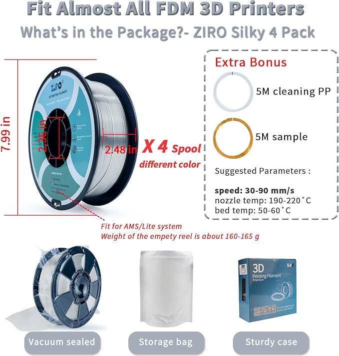 ZIRO Silk PLA Filament Bundle, 4 Packs1.75mm 3D Printing Filament Shiny, Glossy PLA for 3D Printing,1.75mm Metal-Like Surface Rich Color Spool, 1KG x 4 Spool, Silver, Red, Gold, Silver Black