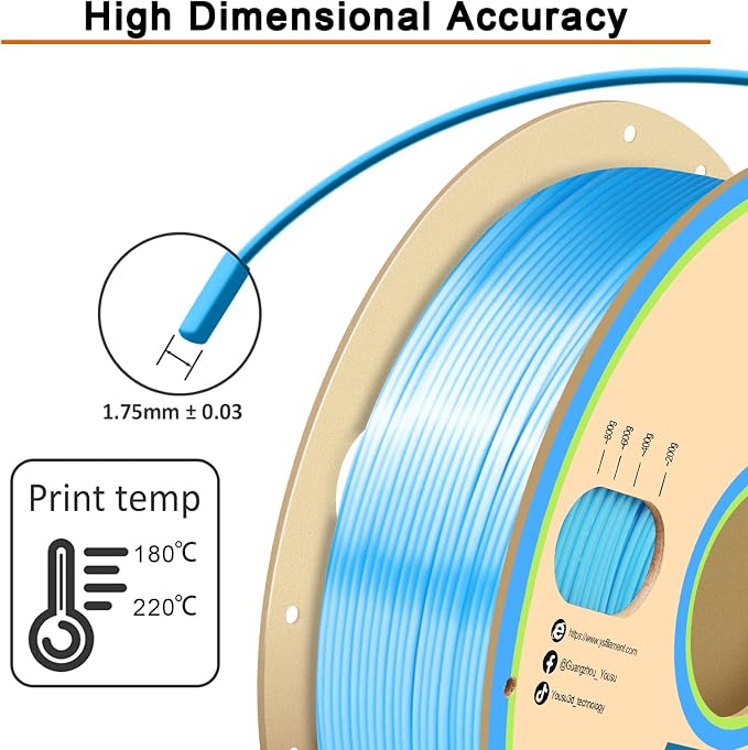YOUSU Silk Blue PLA 3D Printer Filament 1.75 mm 1KG 2.2 LBS Spool 3D Printing Material Shine Silky Shiny Metallic Metal PLA Filament.