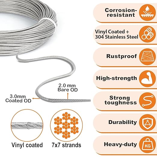 TooTaci 1/8" Wire Rope Kit with 100ft Vinyl Coated Stainless Steel Cable, Wire Rope Crimping Tool & Cutter, Metal Wires for Garden Trellis, Clothesline, String Lights Hanging, Curtain