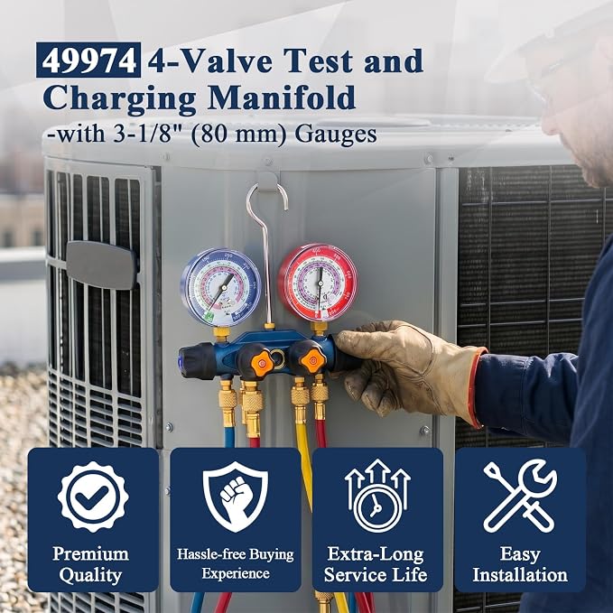 49974 A2L 4-Valve Test and Charging Manifold with 3-1/8" (80 mm) Gauges HVAC Manifold for R-454B R-32 R-410A A/C Manifold Gauge (No Hoses)
