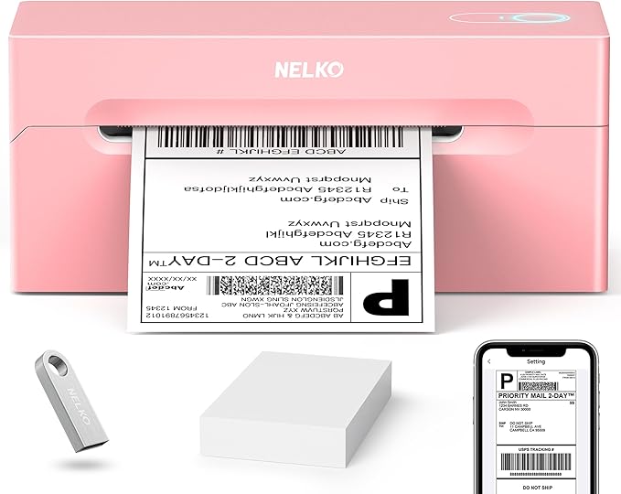 Nelko Bluetooth Thermal Shipping Label Printer, Wireless 4x6 Shipping Label Printer for Shipping Packages, Support Android, iPhone and Windows, Widely Used for Amazon, Shopify (Pink)