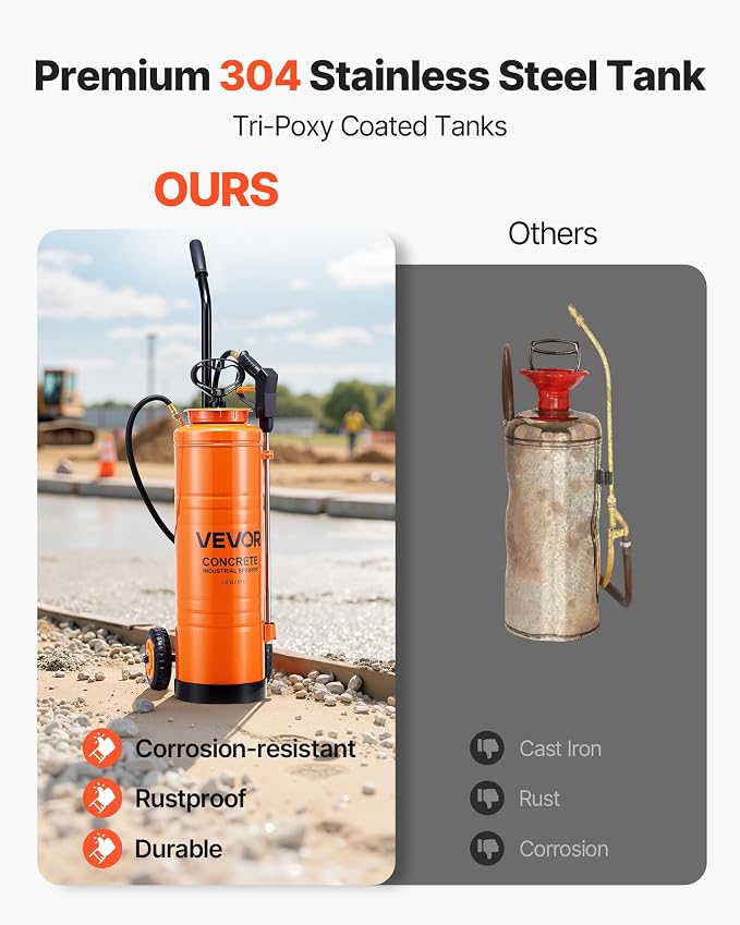 VEVOR Industrial Sprayer, 4.5 Gallons Large Capacity, Stainless Steel Concrete Sprayer with Ergonomic Handle & Removable Cart, 48" & 120" Hose, Concrete Sealer Sprayers for Form Oils Construction