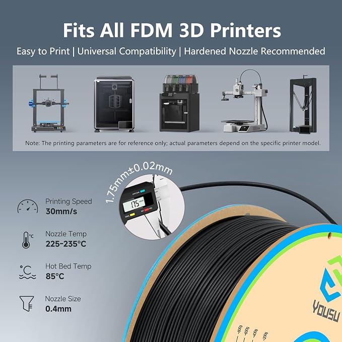 YOUSU Polypropylene PP Filament, 1.75mm 3D Printer Filament for 3D Printing, 1kg(2.2lbs) 5pcs Build Sheet Included, Semi-Flexible Ultra Tough Filament, Black