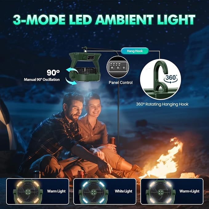 Wilody Portable Misting Fan 20000mAh Rechargeable Battery, 6L Bucket Outdoor Fan with LED Lights & Stepless Speed Control & Cooling Mist, Battery Powered Fan for Outdoor Patio Camping (Dark Green)