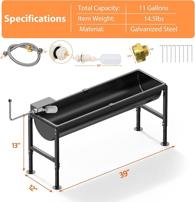 2PCS Automatic Animal Waterer 11 Gallon, Livestock Water Trough with Adjustable Stand, Automatic Water Dispenser with Float Valve, Easy to Assemble, Feeding Goat, Sheep, Horse, Dog in Farm
