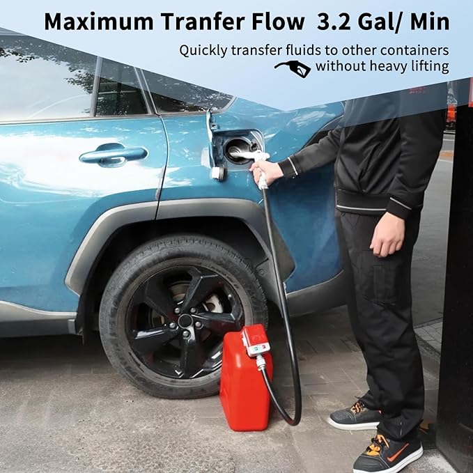 Fuel Transfer Pump (3.2GPM), 51" Hose Automatic Gas Pump Transfer with 4 Gas Can Fittings, USB and Battery Powered Portable Siphon Pump for Oil, Gasoline, Diesel (Hand-Trigger Nozzle w/Rubber Hose)