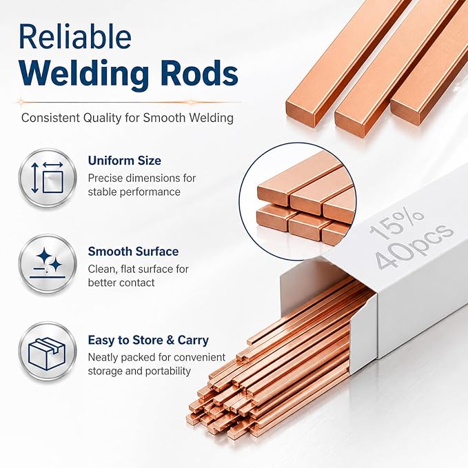Tandefio 15% Silver Brazing Rods AWS BCuP-5 40 Sticks, Silver Solder Flat Welding Rods 0.050"x1/8"x10" for Air Conditioning, Refrigerator, Cold Storage & HVAC Units, Phos Copper Brazing Alloys